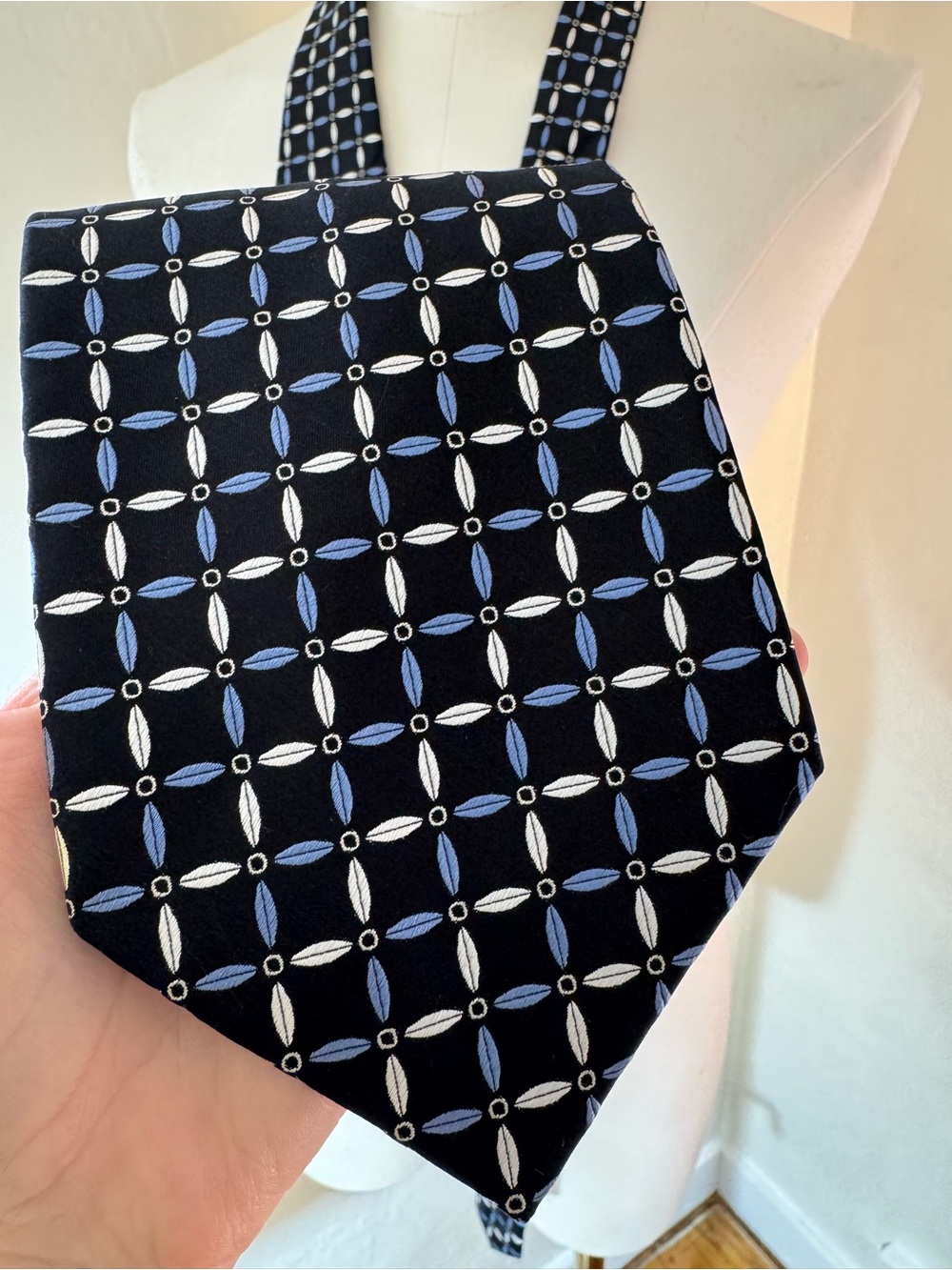 Pierre Cardin Black Tie with Blue and White Geometric Pattern